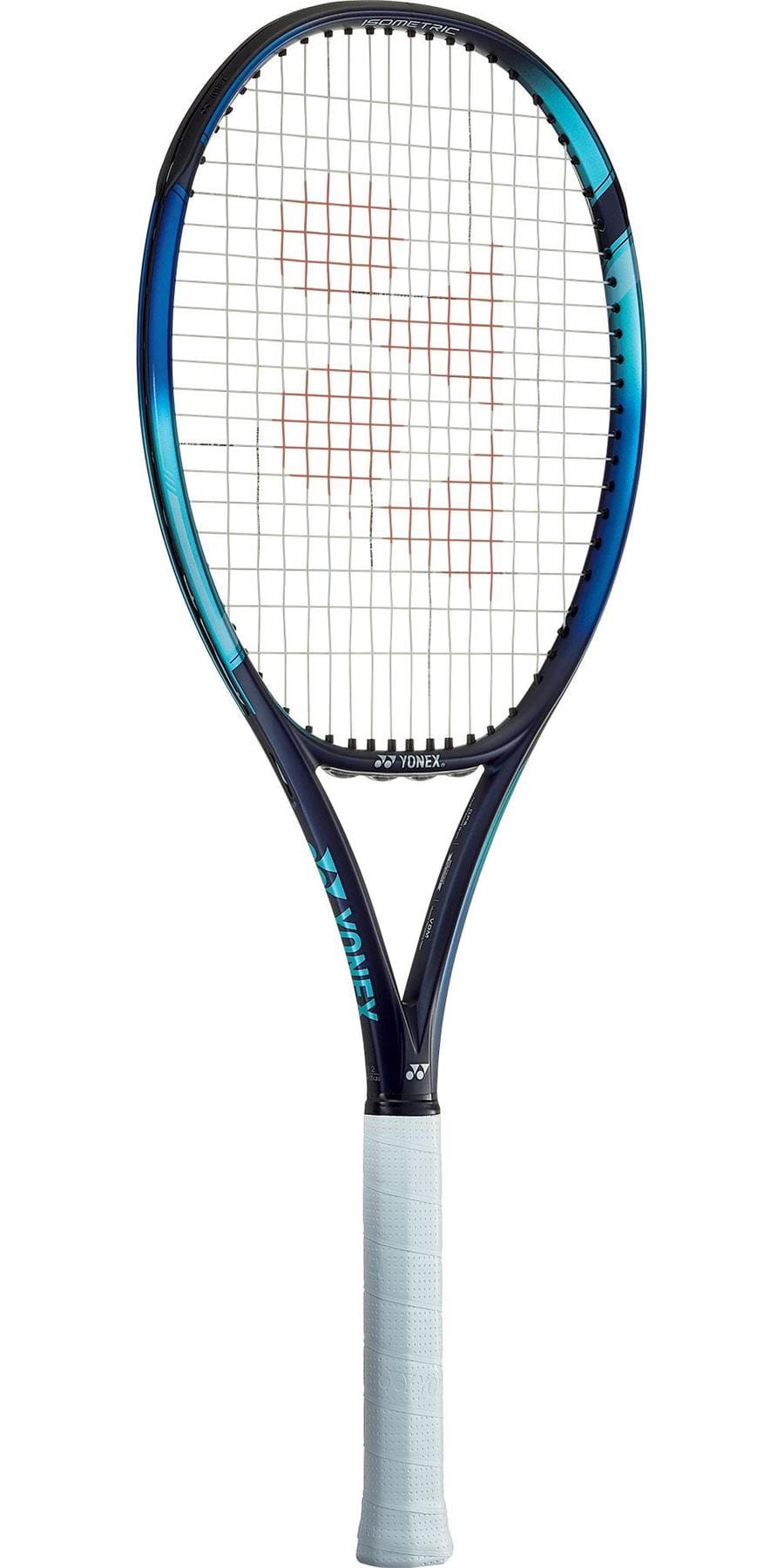 The Yonex EZONE 105 Tennis Racket - Sky Blue boasts a striking sky blue and black design, featuring a crisscross string pattern and a white grip. It is enhanced with Vibration Dampening Mesh (VDM) for superior control, with the Yonex brand name clearly displayed on the shaft.