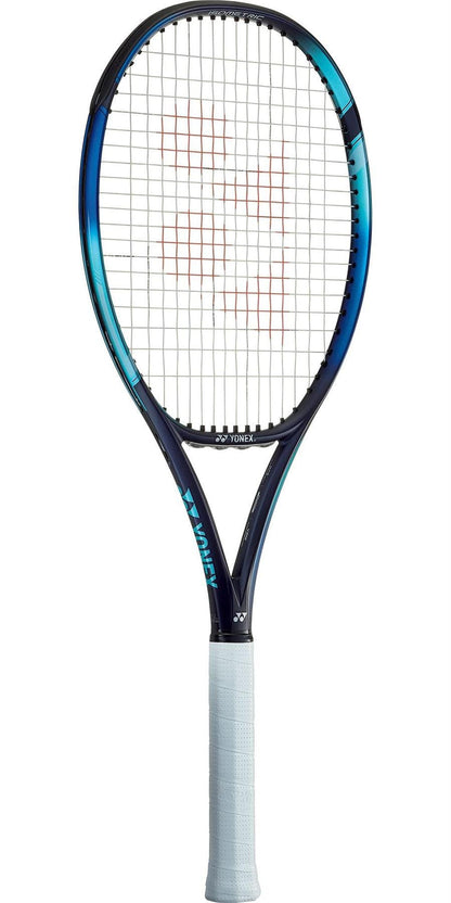 The Yonex EZONE 105 Tennis Racket - Sky Blue boasts a striking sky blue and black design, featuring a crisscross string pattern and a white grip. It is enhanced with Vibration Dampening Mesh (VDM) for superior control, with the Yonex brand name clearly displayed on the shaft.