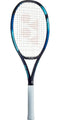 The Yonex EZONE 105 Tennis Racket - Sky Blue boasts a striking sky blue and black design, featuring a crisscross string pattern and a white grip. It is enhanced with Vibration Dampening Mesh (VDM) for superior control, with the Yonex brand name clearly displayed on the shaft.