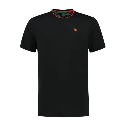 Introducing the K-Swiss Hypercourt Mesh Crew Men's T-Shirt in Jet Black, featuring a small red logo on the left chest and a subtle red lining along the neckline, ideal for anyone looking for stylish performance clothing.