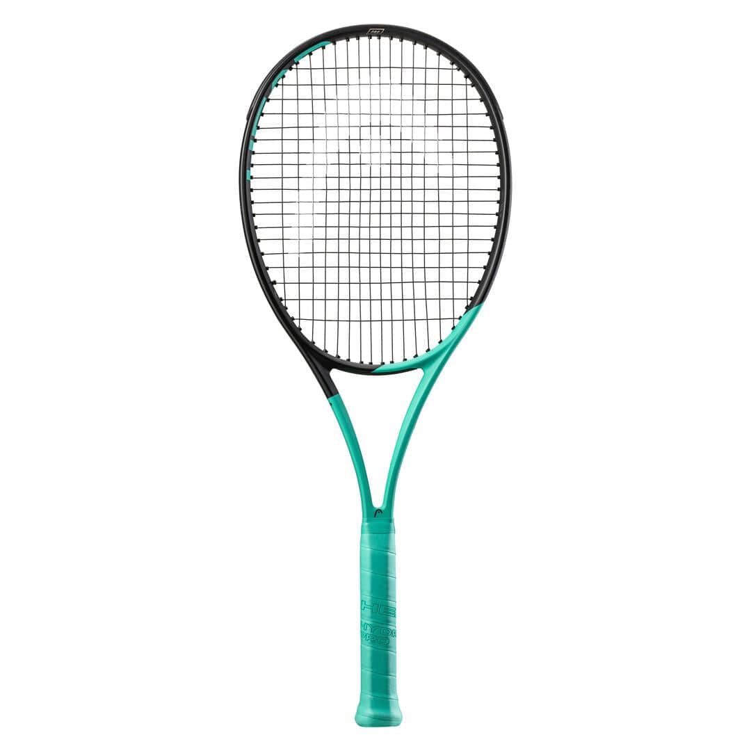 A HEAD Boom Pro 2022 Tennis Racket with a black frame and mint handle is centered against a white background. Intended for advanced tournament players, its oval-shaped head features tightly woven strings and incorporates Graphene Inside technology for superior performance.
