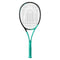 A HEAD Boom Pro 2022 Tennis Racket with a black frame and mint handle is centered against a white background. Intended for advanced tournament players, its oval-shaped head features tightly woven strings and incorporates Graphene Inside technology for superior performance.