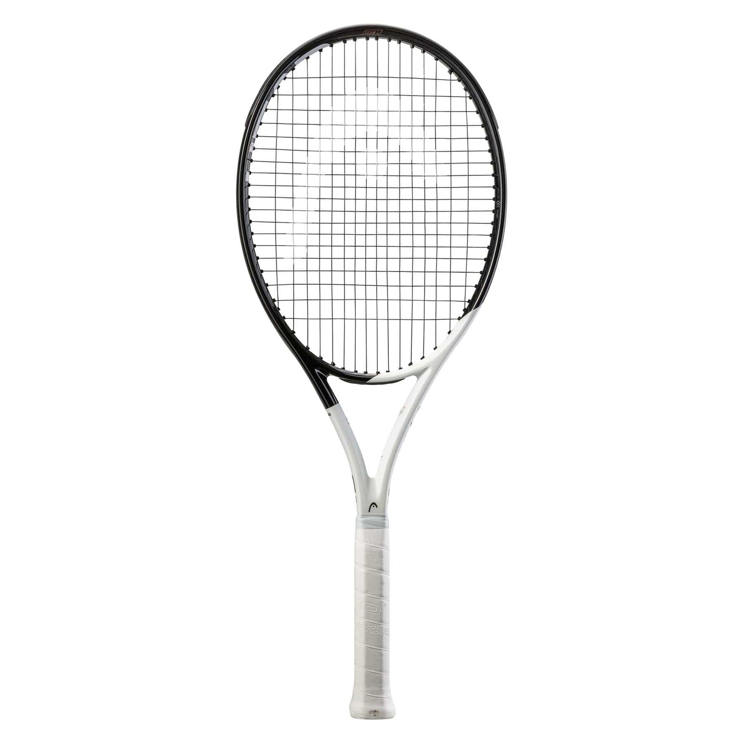 The HEAD Speed Team L 2022 Tennis Racket, presented by the renowned brand HEAD, showcases a stylish white and black design, complete with a crisscross string pattern and a polished white handle. It incorporates advanced Graphene Inside technology and Auxetic construction for enhanced performance, all elegantly set against a plain white backdrop.
