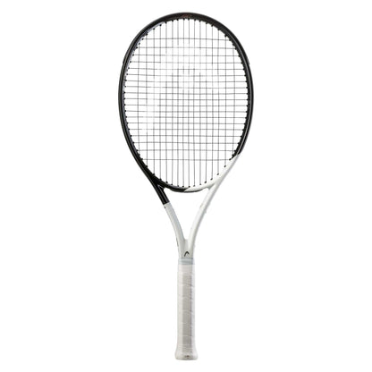 The HEAD Speed Team L 2022 Tennis Racket, presented by the renowned brand HEAD, showcases a stylish white and black design, complete with a crisscross string pattern and a polished white handle. It incorporates advanced Graphene Inside technology and Auxetic construction for enhanced performance, all elegantly set against a plain white backdrop.