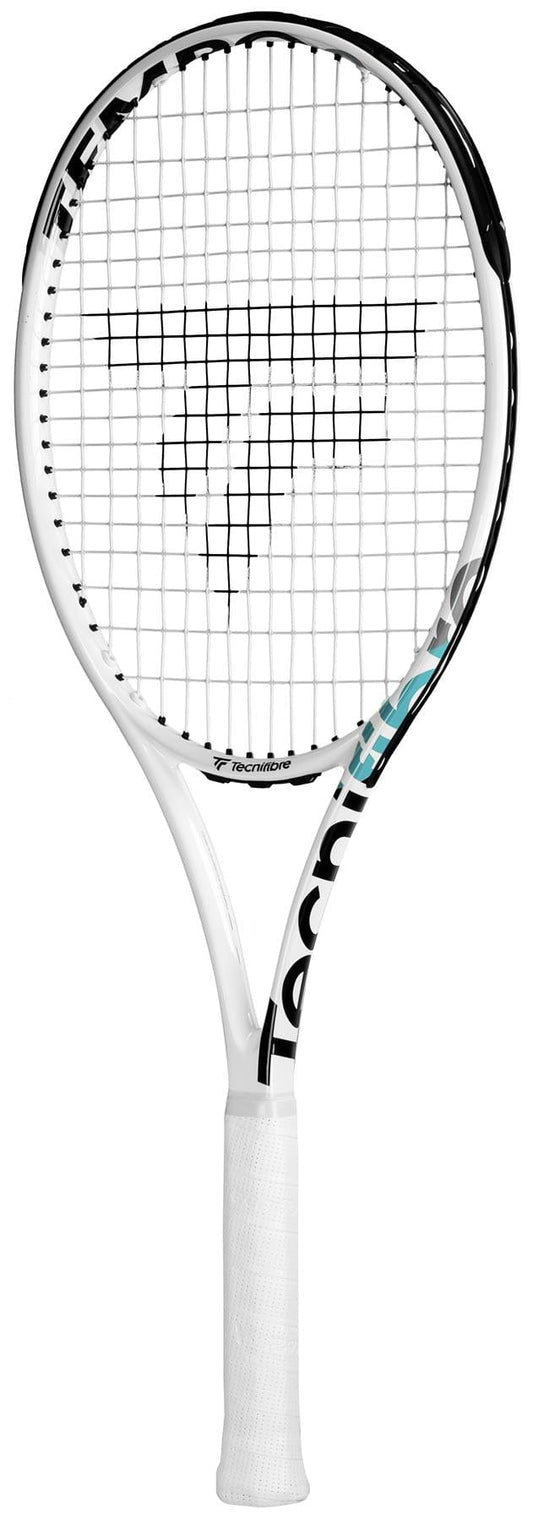 The Tecnifibre Tempo 298 Tennis Racket, branded by Tecnifibre, is crafted from graphite and offers a perfect balance of power and control. It showcases a striking black and turquoise design on the head, with the "Tecnifibre" brand name clearly visible on both the handle and frame. Against a pristine white background, this white tennis racket is elegantly displayed in an upright position.