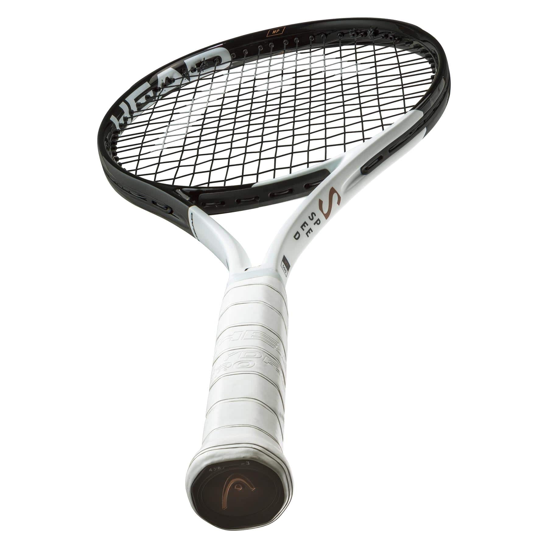 An up-close view of the HEAD Speed MP 2022 Tennis Racket - White / Black showcases its Auxetic technology and Graphene Inside for added strength. The tightly woven strings and distinct branding on the handle stand out, with the racket placed diagonally against a plain white background.