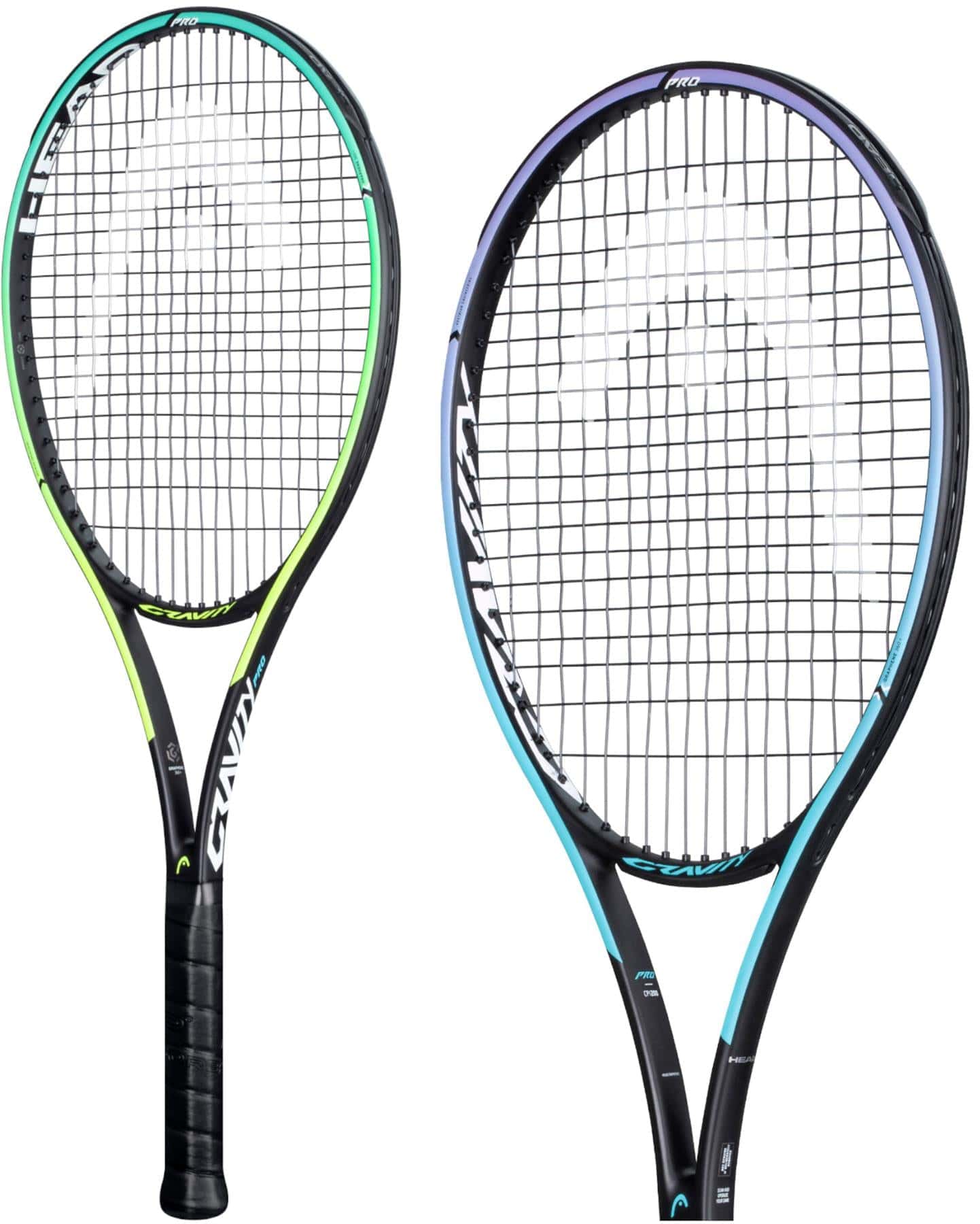 Two tennis rackets are displayed against a white background. On the left is a racket featuring Graphene 360+ with a vibrant green and black color scheme, while on the right is the HEAD Gravity Pro 2021 Tennis Racket from HEAD, showcasing a sleek blue and black design. Both rackets exhibit modern designs with tightly woven strings that promise enhanced performance.