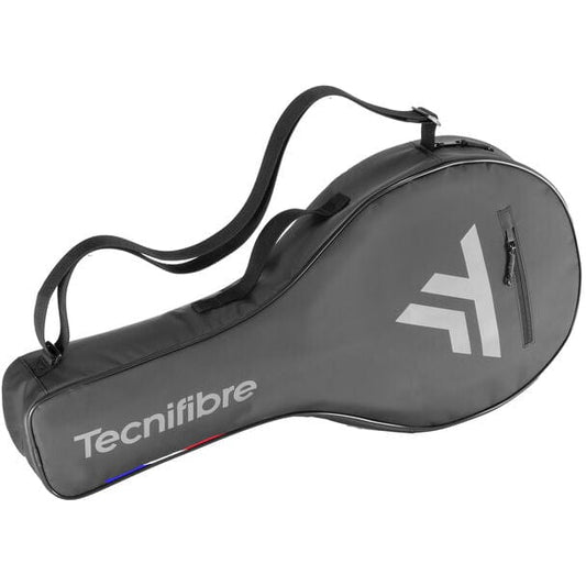 The Tecnifibre Team Dry 4R Tennis Racket Bag in black features a classic design with a shoulder strap and prominently displays the white Tecnifibre logo. It includes a zippered compartment and maintains a sleek, modern aesthetic.