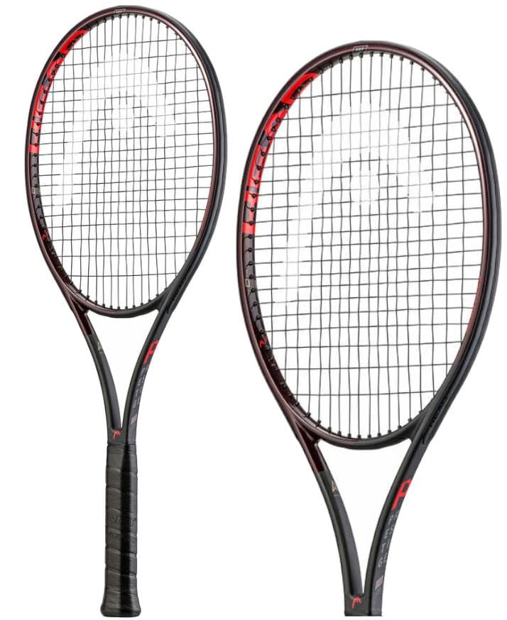 Two HEAD Prestige Pro 2021 tennis rackets in black, featuring sleek auxetic construction and dark grips, lean against each other with their strung faces, appearing identical in design.