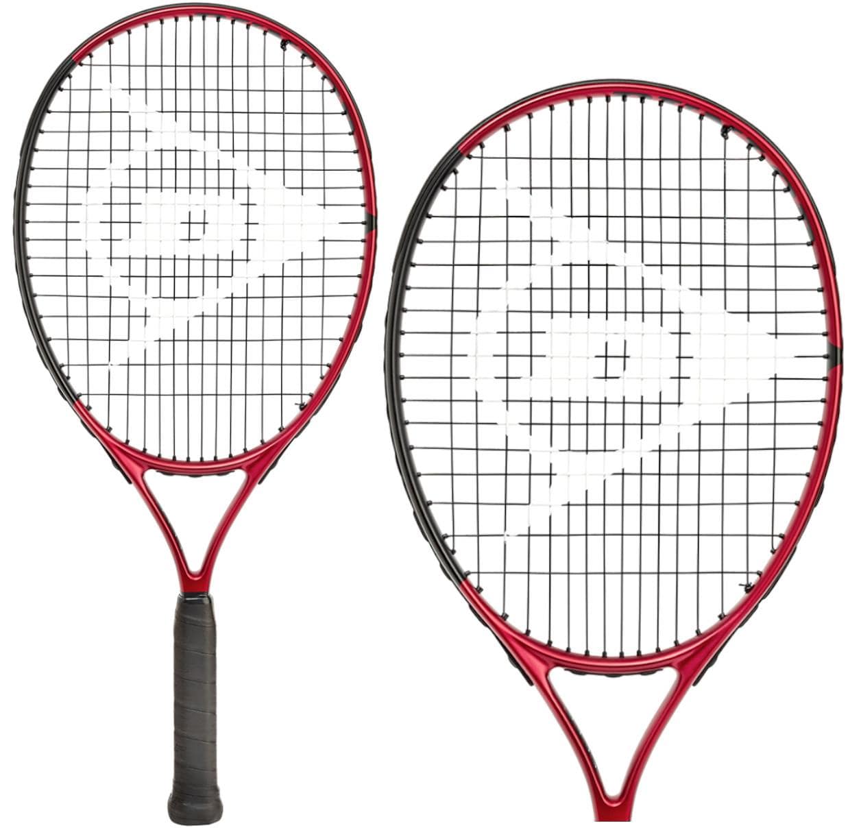 Two Dunlop CX Junior 23 tennis rackets in red are displayed side by side, featuring a distinctive triangular logo on the strings. The grip handles are crafted from black material, designed to enhance power and spin.