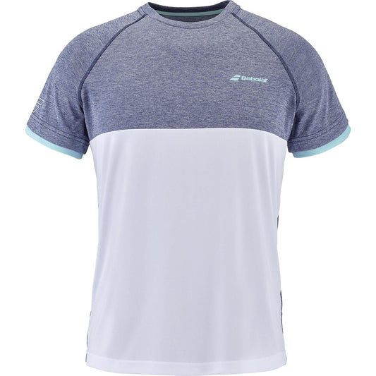 The Babolat Play Crew Neck Men's Tennis T-Shirt in White and Blue Heather features a heathered blue upper half with a white lower half, complemented by a small chest logo and light blue trim. Equipped with FiberDry technology, it keeps you cool and dry, making it ideal for your next Babolat Play session.