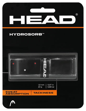 The HEAD HydroSorb Replacement Tennis Grip in Black/Red is presented in a blister pack featuring the brand's prominent logo. It offers excellent sweat absorption and tackiness, providing players with a secure grip during intense matches.