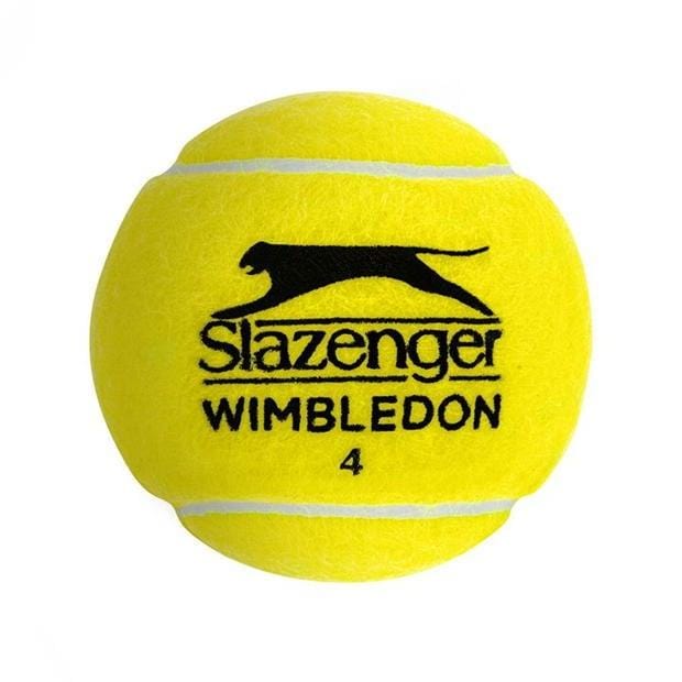 A close-up image of a yellow tennis ball from the Slazenger Wimbledon Official Tennis Balls - 4 Ball Tube, featuring "Slazenger Wimbledon 4" printed on it with a panther logo above the text. This tennis ball showcases premium woven ULTRA VIS cloth and incorporates Hydroguard Technology for optimal performance in all conditions.