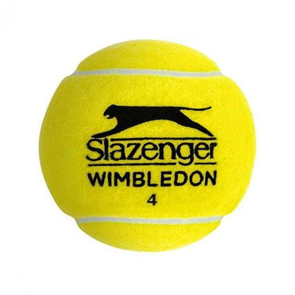 A close-up image of a yellow tennis ball from the Slazenger Wimbledon Official Tennis Balls - 4 Ball Tube, featuring "Slazenger Wimbledon 4" printed on it with a panther logo above the text. This tennis ball showcases premium woven ULTRA VIS cloth and incorporates Hydroguard Technology for optimal performance in all conditions.