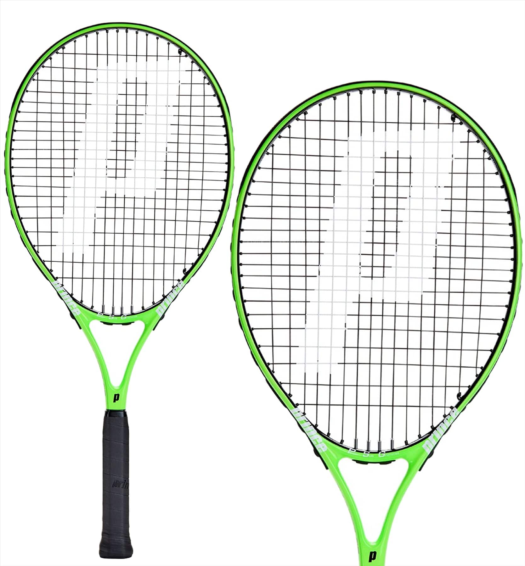 Two Prince Thunder 25 Junior Tennis Rackets - G0 in green with black grips are displayed. Each racket features a prominent white "P" on the strings, positioned slightly angled towards each other against a white background.
