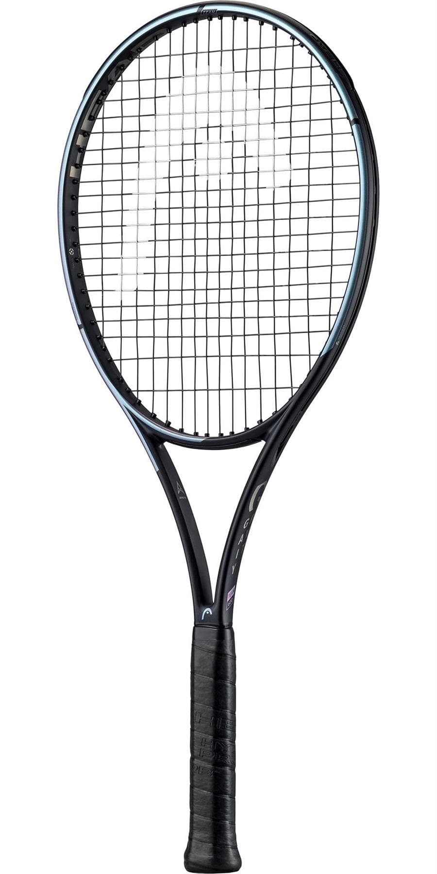 The HEAD Gravity Team 2023 Tennis Racket in black, designed by HEAD and equipped with Auxetic technology, showcases a tightly strung net and textured grip handle against a plain white background.