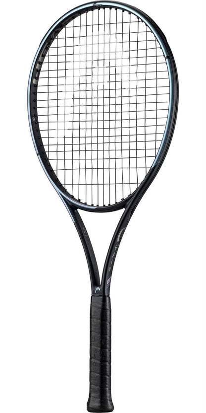 The HEAD Gravity Team 2023 Tennis Racket in black, designed by HEAD and equipped with Auxetic technology, showcases a tightly strung net and textured grip handle against a plain white background.