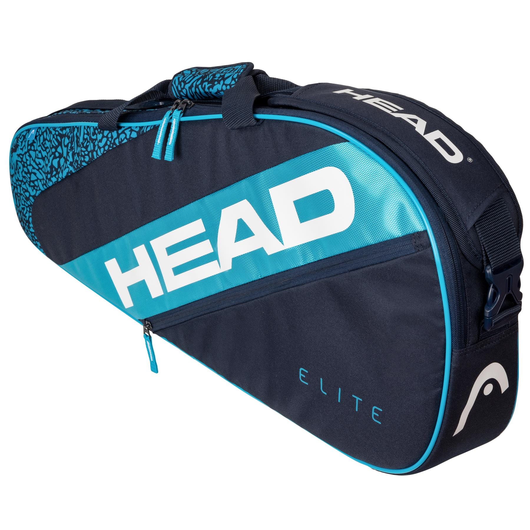 The HEAD Elite 3R 3 Racket Tennis Bag in blue and navy prominently displays a large white "HEAD" logo. It features a zippered compartment and a small "ELITE" logo on the side. This stylish racket bag is perfect for carrying tennis equipment, with its patterned handle and trim designed for easy transport.