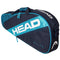The HEAD Elite 3R 3 Racket Tennis Bag in blue and navy prominently displays a large white "HEAD" logo. It features a zippered compartment and a small "ELITE" logo on the side. This stylish racket bag is perfect for carrying tennis equipment, with its patterned handle and trim designed for easy transport.