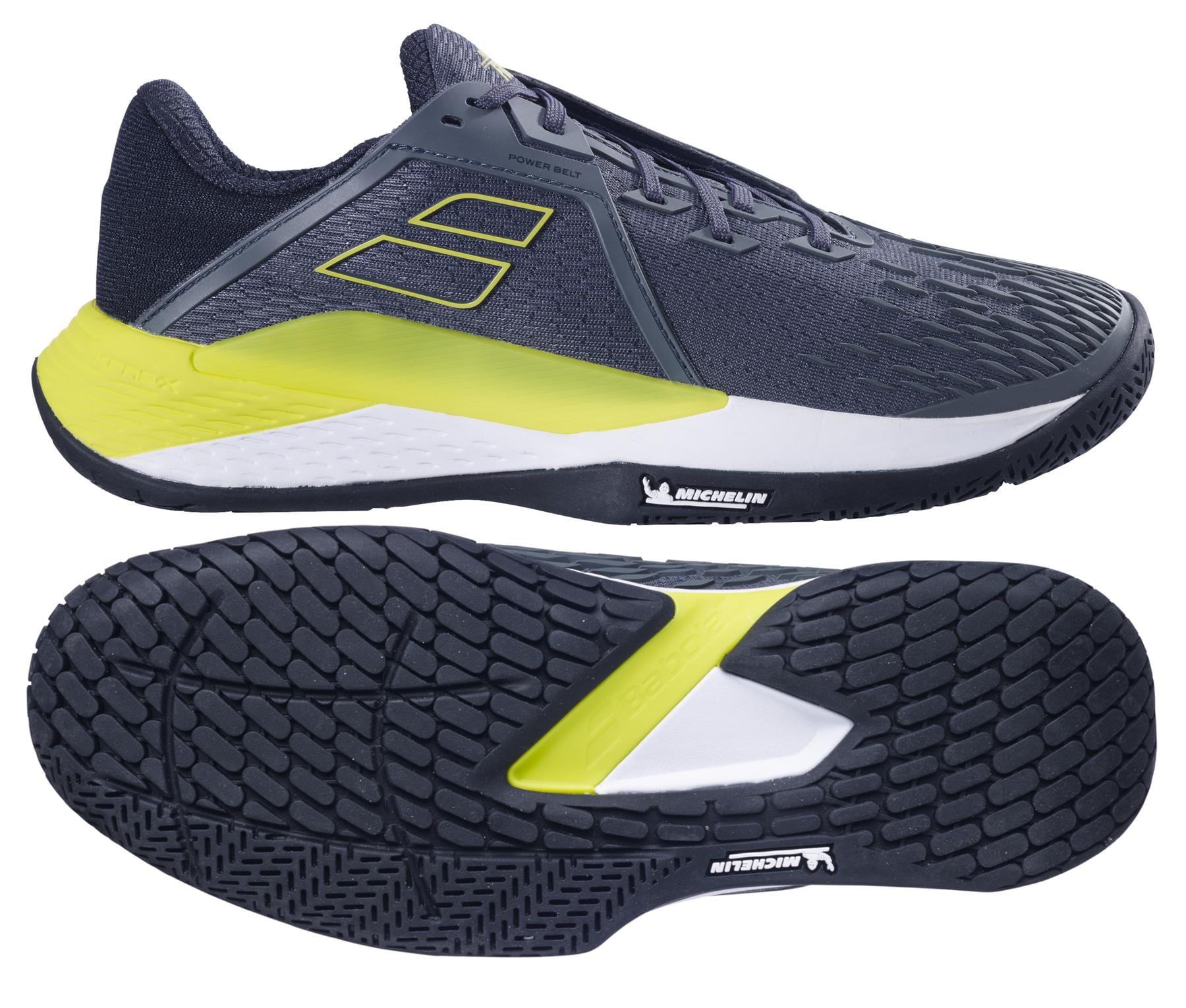 Side and sole view of the Babolat Propulse Fury 3 All Court Men's Tennis Shoes in a sleek grey color with aero accents. The shoe features a textured upper design, a visible Babolat logo, and Michelin branding on the treaded rubber sole, ensuring exceptional grip for optimal performance on the tennis court.