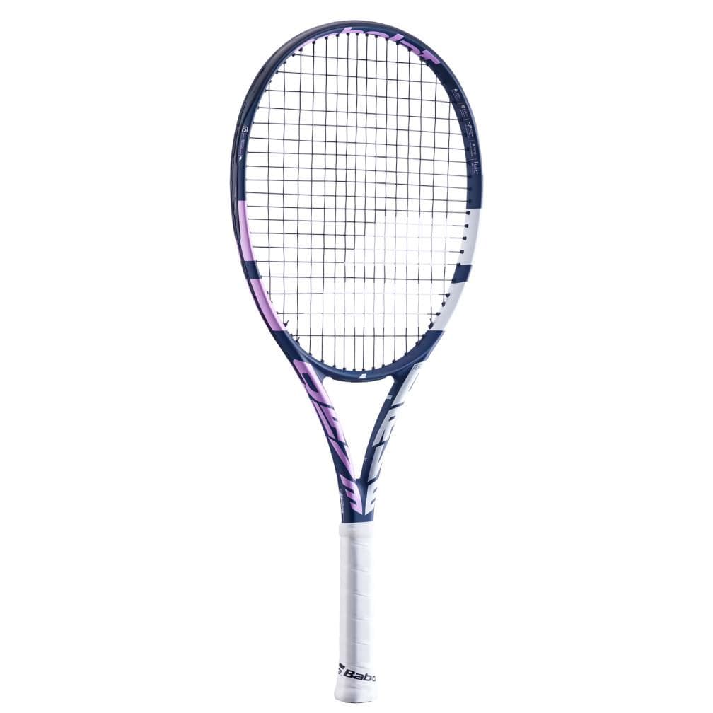 The Babolat Pure Drive Junior 25 Girls Tennis Racket showcases a stylish grid pattern on its strings, providing remarkable power. Its frame is an elegant combination of blue and pink, with a handle wrapped in white tape. The Babolat logo prominently adorns the strings for an added touch of style.