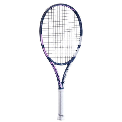 The Babolat Pure Drive Junior 25 Girls Tennis Racket showcases a stylish grid pattern on its strings, providing remarkable power. Its frame is an elegant combination of blue and pink, with a handle wrapped in white tape. The Babolat logo prominently adorns the strings for an added touch of style.