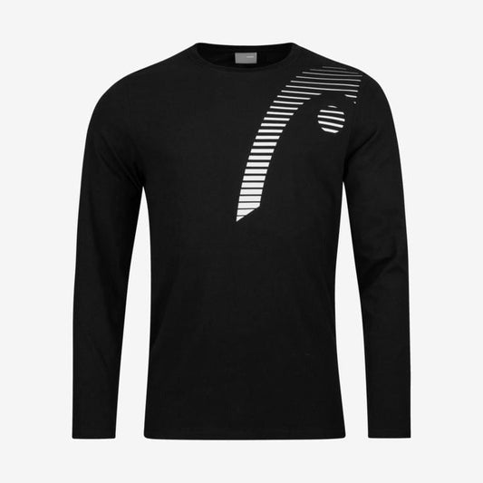 The HEAD Club Cliff Men's Long Sleeve Top - Black by HEAD is a stylish shirt with a contemporary design, showcasing white diagonal stripes and a circular pattern on the left shoulder. Made from a technical blend, it provides moisture-absorbing properties to keep you comfortable throughout the day.