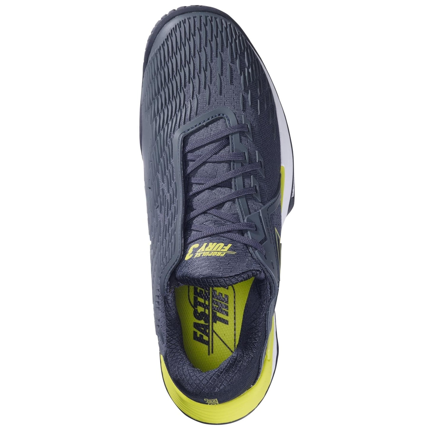 Top view of a single grey and aero athletic shoe, the Babolat Propulse Fury 3 All Court Men's Tennis Shoe, showcasing a textured pattern with yellow accents and laces. The tongue features a label with text, while the sole boasts a distinct tread design and Power Belt for added stability.
