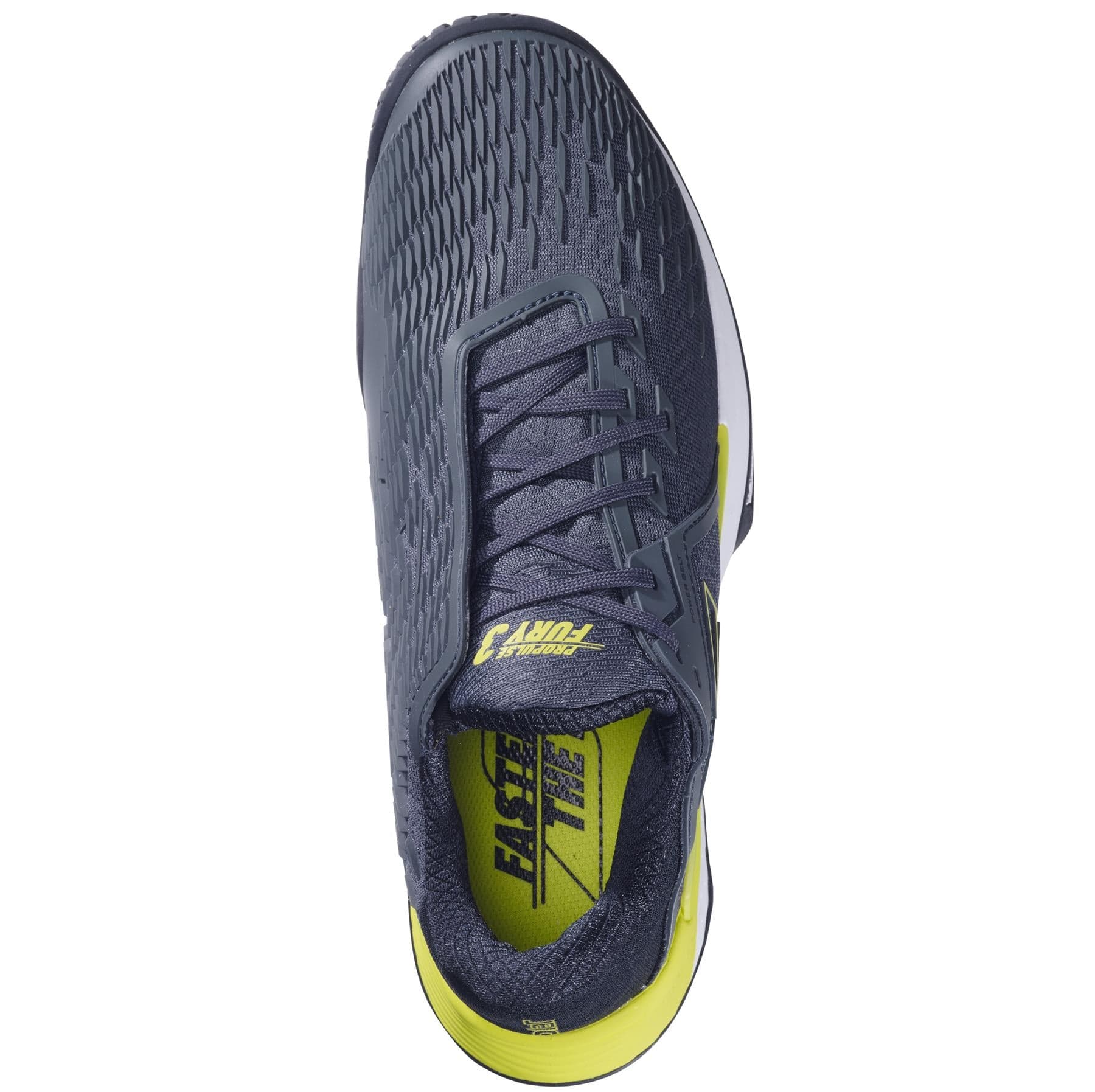 Top view of a single grey and aero athletic shoe, the Babolat Propulse Fury 3 All Court Men's Tennis Shoe, showcasing a textured pattern with yellow accents and laces. The tongue features a label with text, while the sole boasts a distinct tread design and Power Belt for added stability.