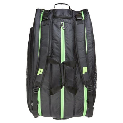 Introducing the Prince Tour Challenger 9 Racket Tennis Bag in black, designed for functionality and style. This tennis bag features multiple compartments with visible zippers and adjustable straps for convenience. It includes a pair of handles, with prominent "P" logos on the sides, and is equipped with a thermal protective lining to ensure your racket stays in perfect condition.