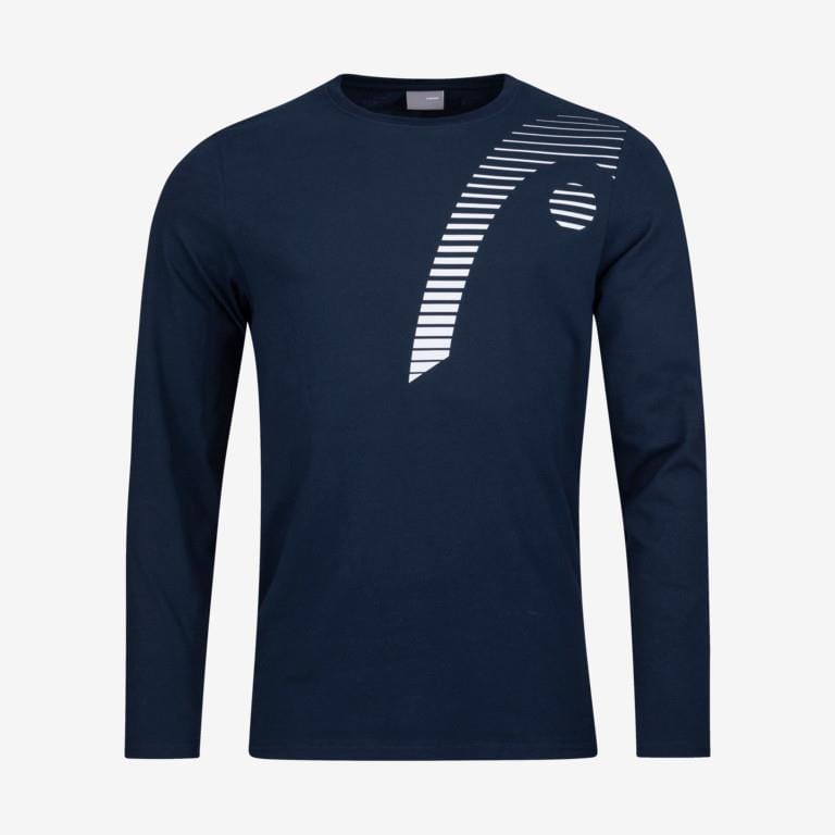 Presenting the HEAD Club Cliff Men's Long Sleeve Top in dark blue by HEAD, created from a polyester and cotton blend with moisture-absorbing features. This top showcases a contemporary white graphic with curved lines and a dot on the upper right, set against a light gray background for an abstract design.