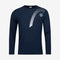 Presenting the HEAD Club Cliff Men's Long Sleeve Top in dark blue by HEAD, created from a polyester and cotton blend with moisture-absorbing features. This top showcases a contemporary white graphic with curved lines and a dot on the upper right, set against a light gray background for an abstract design.