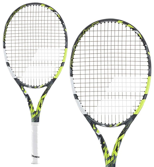 The Babolat Pure Aero Junior 25 tennis rackets, known for their yellow and black designs with white grips, feature advanced spin technology to keep the strings tightly woven. These striking rackets are beautifully presented against a plain white background.