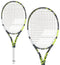 The Babolat Pure Aero Junior 25 tennis rackets, known for their yellow and black designs with white grips, feature advanced spin technology to keep the strings tightly woven. These striking rackets are beautifully presented against a plain white background.