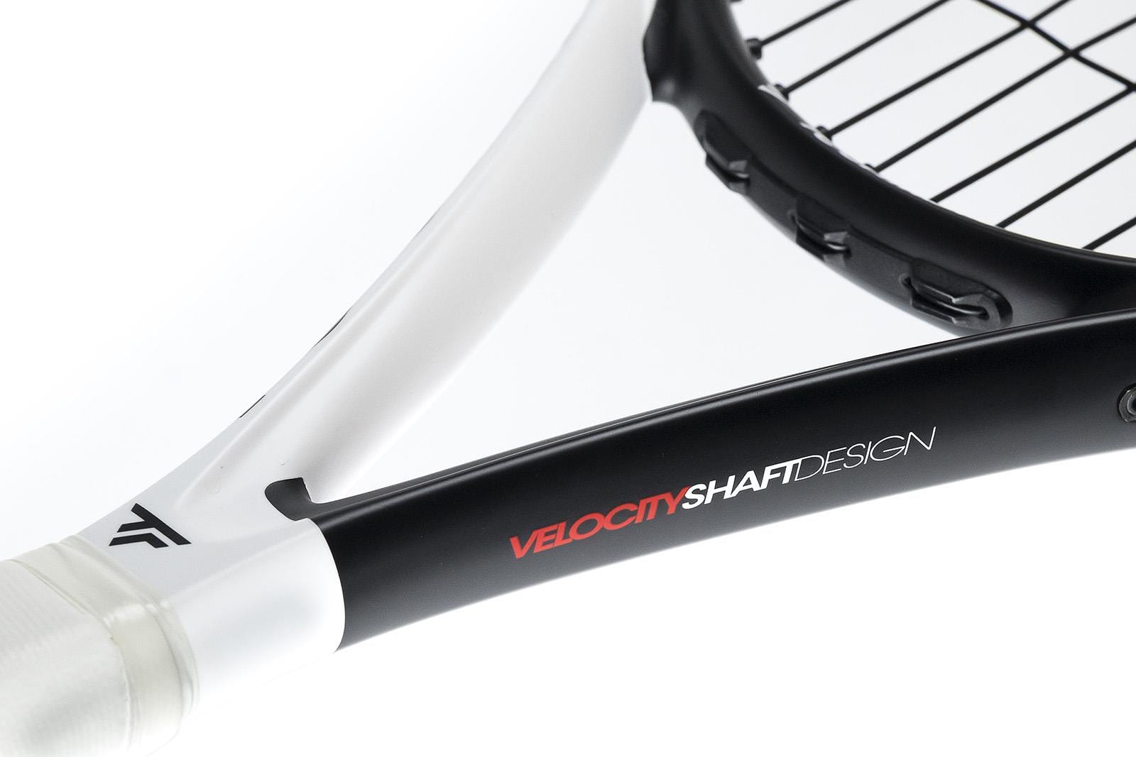 Close-up of the Tecnifibre TFit 280 Power 2021 Tennis Racket's frame, showcasing the "VELOCITY SHAFT DESIGN" text in red and white against a black and white background. Designed for intermediate players looking for a combination of power and control, with strings and part of the handle visible as well.