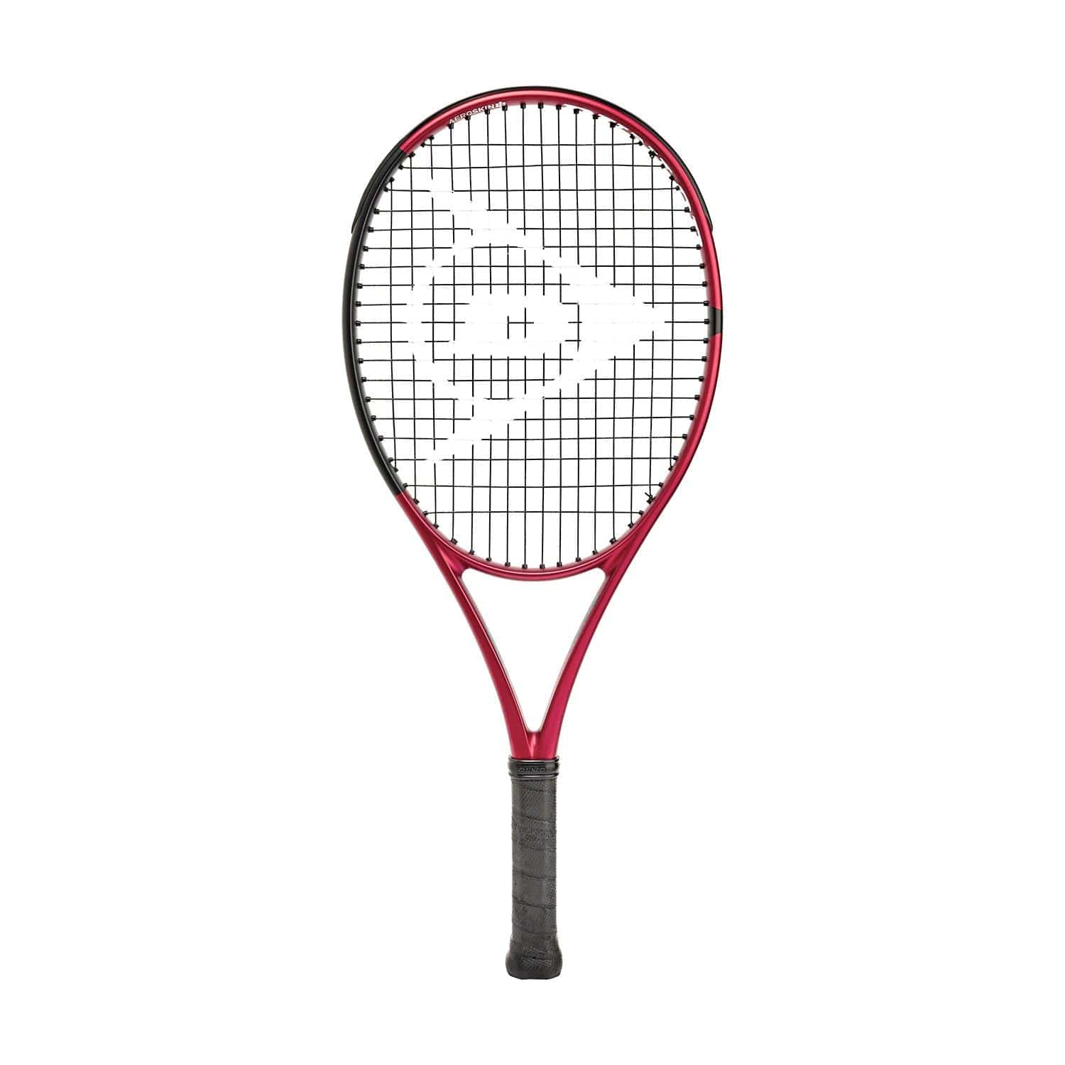 The Dunlop CX 200 Junior 25 Tennis Racket - Red / Black by Dunlop is a striking red and black tennis racket that showcases a woven string pattern and features a central logo. It includes a grip wrapped in black tape to ensure excellent handling. Constructed with HM6 Carbon, this racket delivers outstanding performance against its distinct white background.