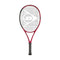 The Dunlop CX 200 Junior 25 Tennis Racket - Red / Black by Dunlop is a striking red and black tennis racket that showcases a woven string pattern and features a central logo. It includes a grip wrapped in black tape to ensure excellent handling. Constructed with HM6 Carbon, this racket delivers outstanding performance against its distinct white background.