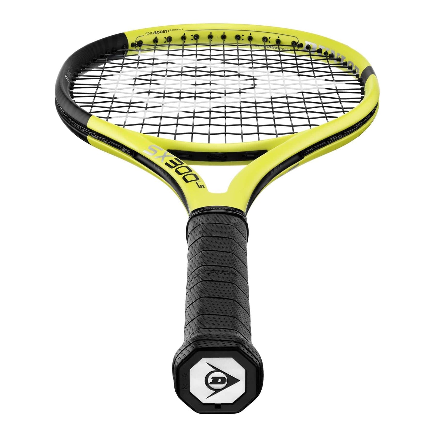 The Dunlop SX 300 Lite Tennis Racket, in a striking yellow and black design, is showcased from the bottom of its black grip upwards. It features Spin Boost+ Grommets for enhanced spin maneuverability with its grid-pattern strings. The logo on the end of the handle highlights its V-Energy Shaft design for additional power.