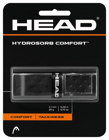 The packaging for the HEAD HydroSorb Comfort Replacement Tennis Grip - Black highlights its cushioning features to enhance gameplay. It has product dimensions of 2.1mm and weighs 20g or 0.70 oz with a thickness of 0.08 inches. The sleek black package features white text and prominently displays the iconic HEAD logo.