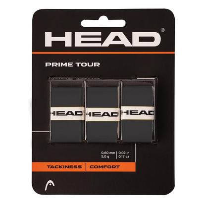 The HEAD Prime Tour Tennis Overgrip (3 Pack) - Black features a stylish black package adorned with the HEAD logo, highlighting its tackiness and comfort. Each overgrip is detailed with dimensions of 0.60 mm in thickness and weighs 5.0 g (or 0.02 inches, 0.17 ounces), providing an outstanding grip for enhancing your game performance.