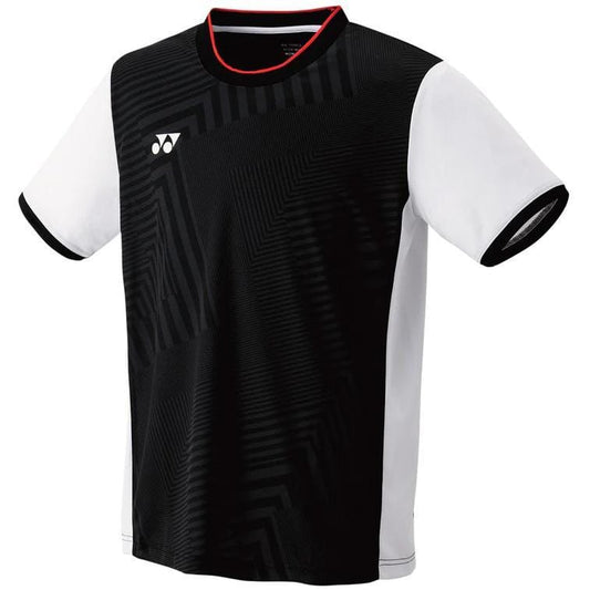 This Yonex 10514 Men's T-Shirt in black, from Team China's 2023 collection, boasts abstract geometric patterns that provide a sporty flair. The elegantly designed sleeves feature white and black trim and are complemented by a discreet logo on the left chest. Red accents beautifully highlight the collar.