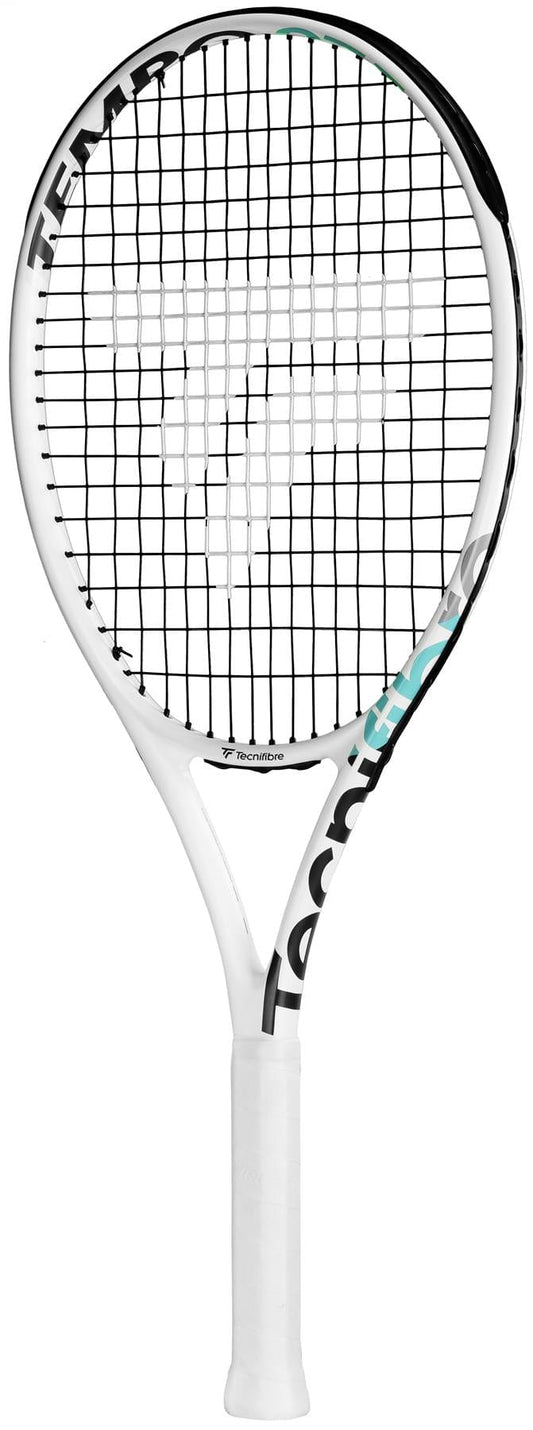 The Tecnifibre Tempo 275 Tennis Racket for women exhibits a contemporary white design. Its frame and strings prominently display the "Tecnifibre" brand name, and it includes the Tempo System for enhanced performance. The grip is elegantly wrapped in white tape, standing vertically against a pristine background.