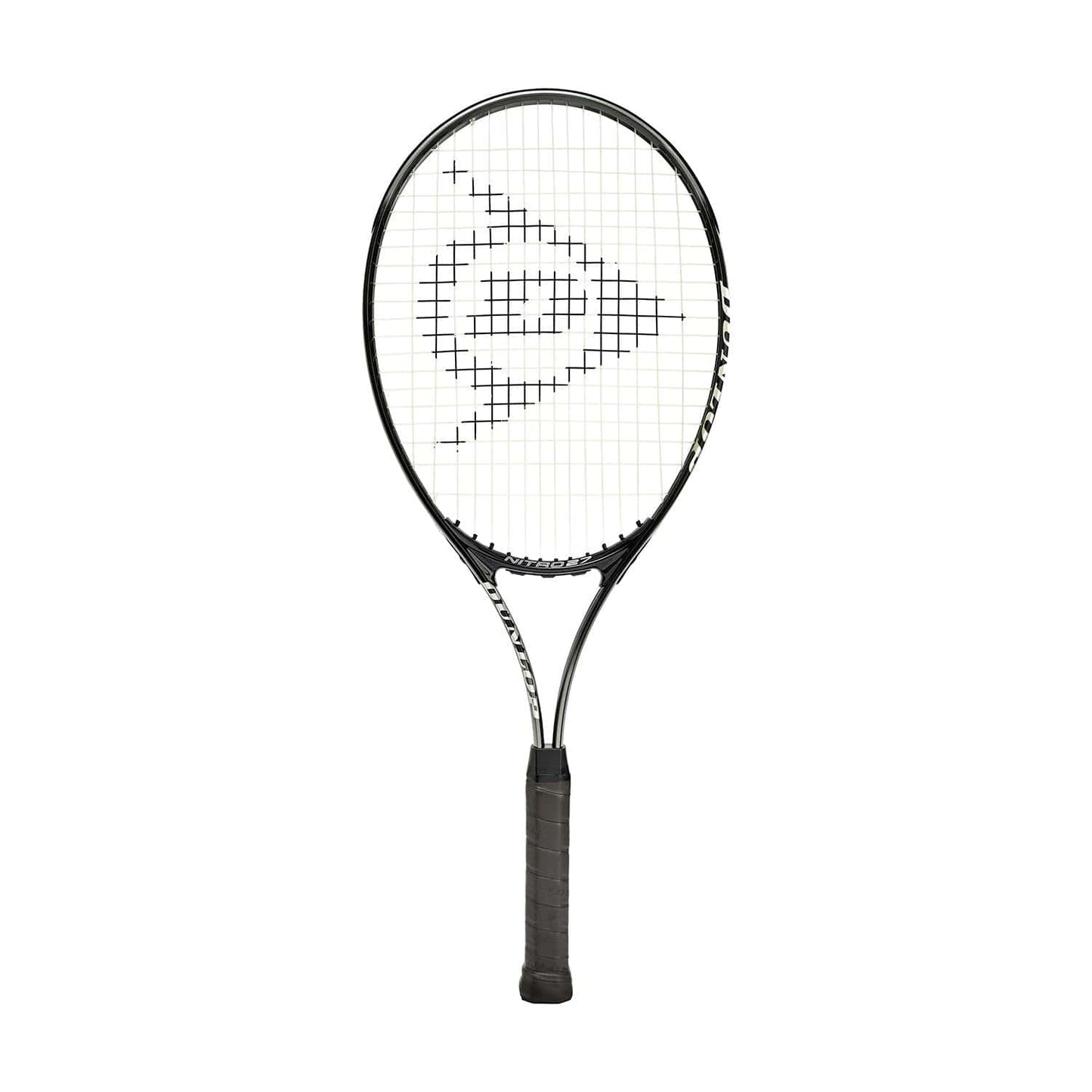The Dunlop Nitro 27 Tennis Racket - Black showcases a stylish black and white design with a prominent logo on the strings. With its handle wrapped in black grip tape, it enhances the sleek and modern appearance of the frame. Perfect for beginner adults, its tightly strung construction also caters to more advanced play.