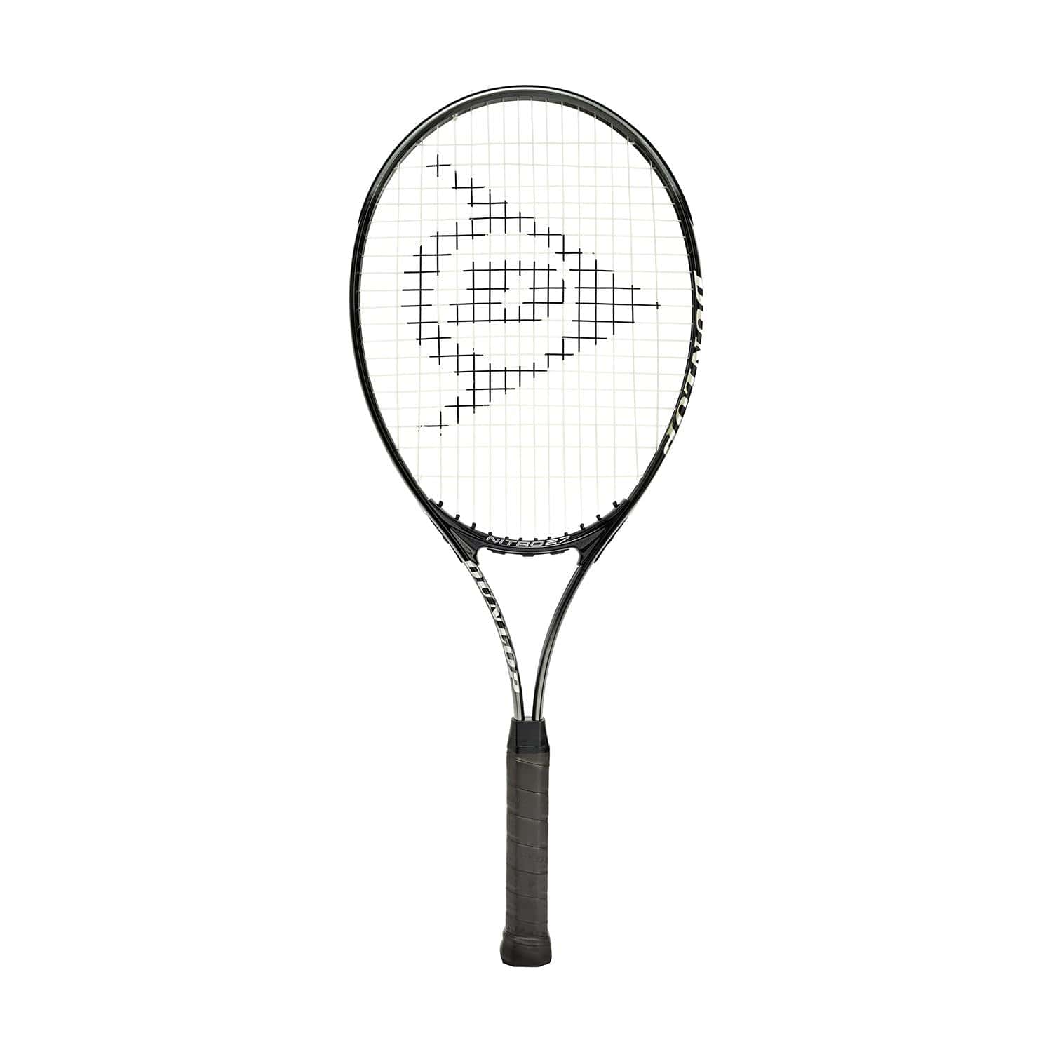 The Dunlop Nitro 27 Tennis Racket - Black showcases a stylish black and white design with a prominent logo on the strings. With its handle wrapped in black grip tape, it enhances the sleek and modern appearance of the frame. Perfect for beginner adults, its tightly strung construction also caters to more advanced play.