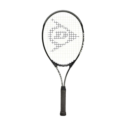 The Dunlop Nitro 27 Tennis Racket - Black showcases a stylish black and white design with a prominent logo on the strings. With its handle wrapped in black grip tape, it enhances the sleek and modern appearance of the frame. Perfect for beginner adults, its tightly strung construction also caters to more advanced play.