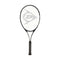 The Dunlop Nitro 27 Tennis Racket - Black showcases a stylish black and white design with a prominent logo on the strings. With its handle wrapped in black grip tape, it enhances the sleek and modern appearance of the frame. Perfect for beginner adults, its tightly strung construction also caters to more advanced play.
