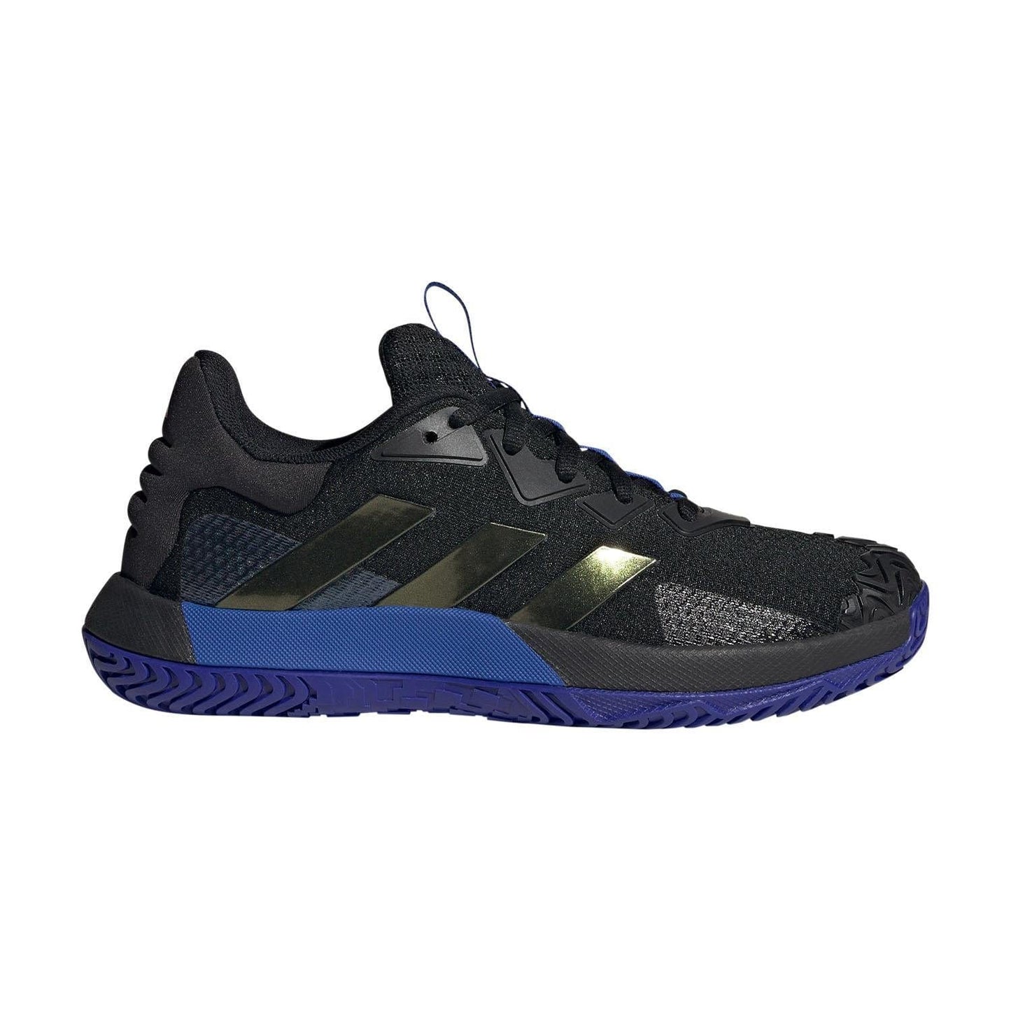 The adidas SoleMatch Control Men's Tennis Shoes in black and blue incorporate three reflective stripes. Designed with Bounce Cushioning for enhanced comfort, the blue sole displays a textured pattern, while the upper is crafted from a blend of mesh and synthetic overlays for improved support and abrasion resistance.