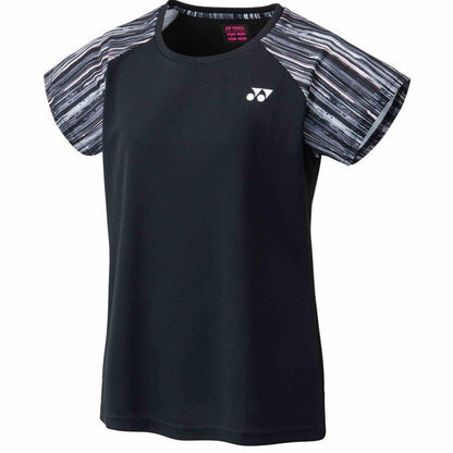 The Yonex 16574 Women's T-Shirt in Black is a stylish athletic top that showcases short sleeves with modern patterns in gray and white shades. Crafted from quick-dry fabric, it provides superior comfort through its sweat-absorbing features. The design is completed with a small white Yonex logo on the front, adding a fashionable touch.