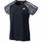 The Yonex 16574 Women's T-Shirt in Black is a stylish athletic top that showcases short sleeves with modern patterns in gray and white shades. Crafted from quick-dry fabric, it provides superior comfort through its sweat-absorbing features. The design is completed with a small white Yonex logo on the front, adding a fashionable touch.