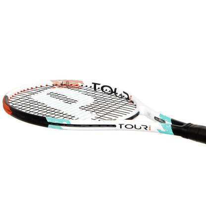 The Prince Tour 100 310g Tennis Racket features a white frame with black and turquoise accents. Its grip is black, and the strings are arranged in a grid pattern. The word "TOUR" appears on the side, indicating its advanced TeXtreme technology for improved performance.